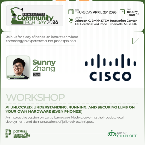 PCFhq's tweet photo. We’re highlighting our lineup of exhibitors, including one from Cisco called AI Unlocked: Understanding, Running, and Securing LLMs on Your Own Hardware. 

Don’t miss this deep dive into AI this Thursday, April 23, at Charlotte Community TechDay! https://t.co/LPtI0Z8HUa
