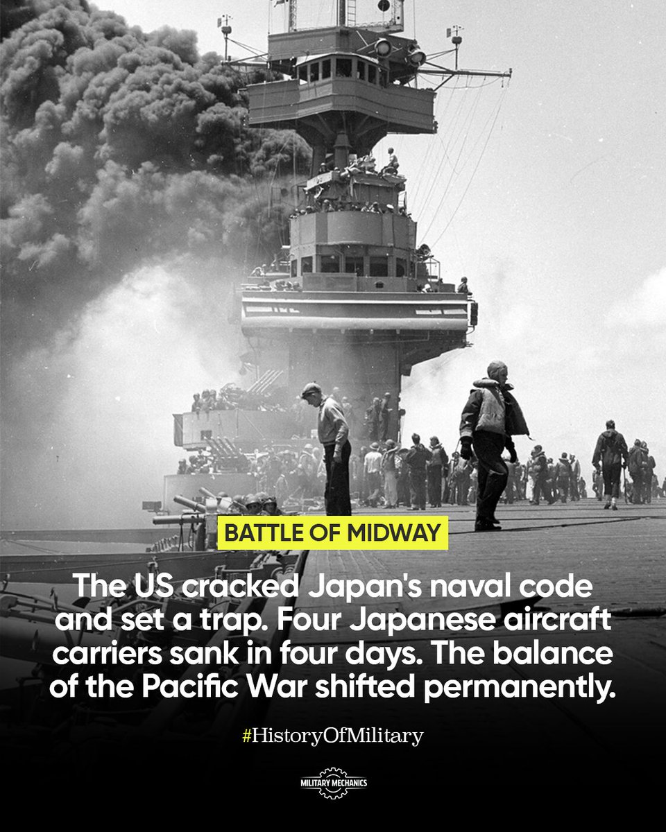 MilitaryMechs's tweet image. In June 1942, the Battle of Midway permanently shifted the Pacific balance of power and changed the course of WWII.

#BattleOfMidway #WWIIHistory #HistoryOfMilitary