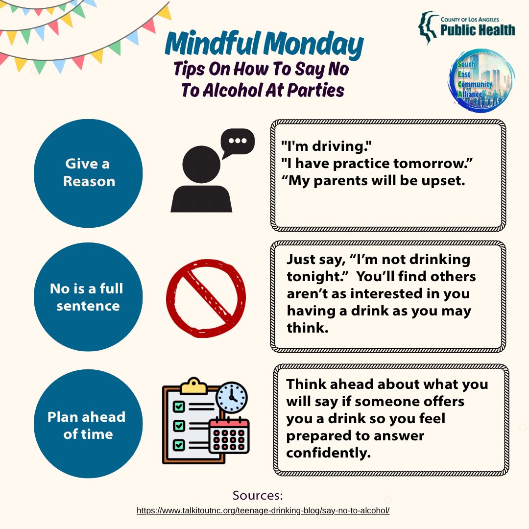 seca_spa7's tweet image. For this week’s #MindfulMonday, we want to provide you with some tips on how to say no to alcohol at parties. #SECA #DrugPrevention #CommunityEngagement