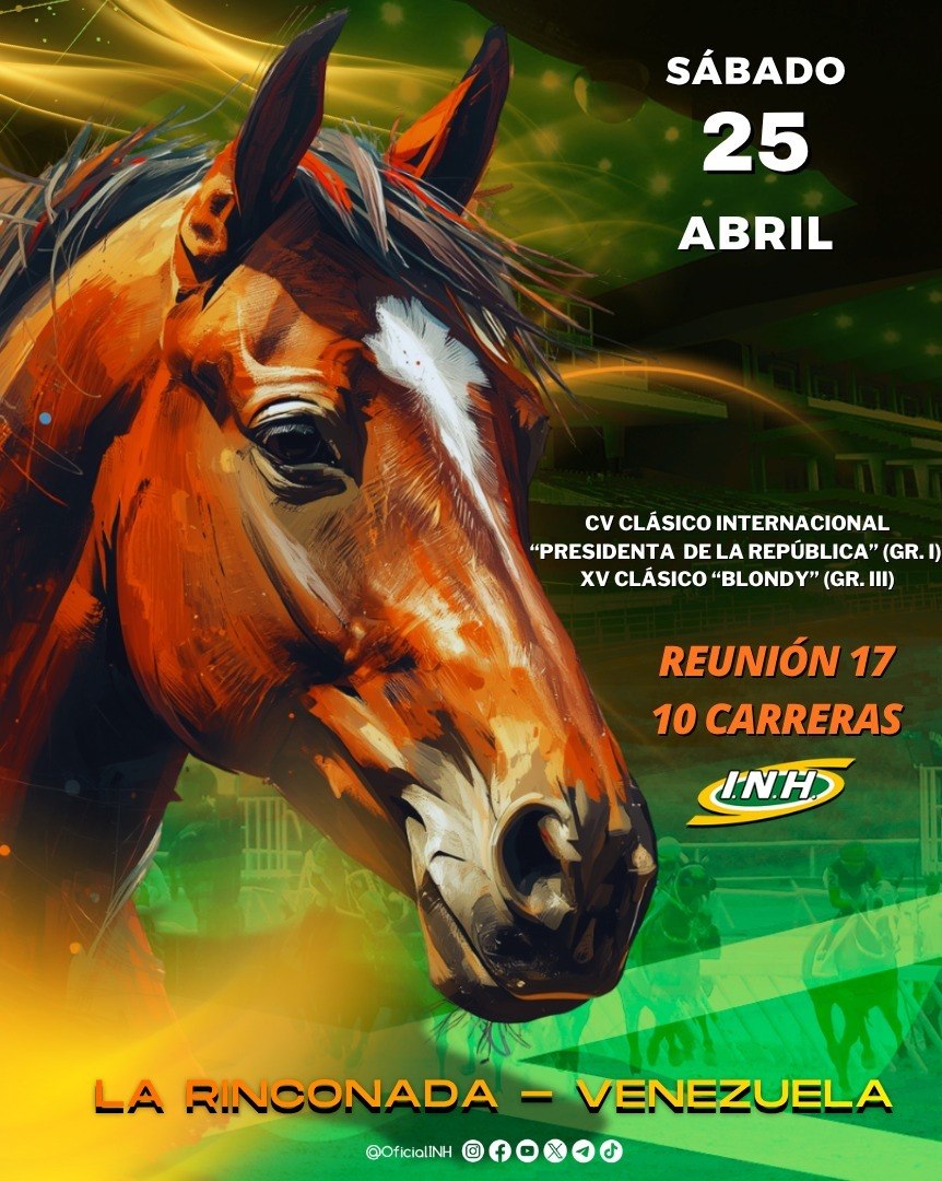 ProgramaciónINH 📄 | Este sábado 25 de abril tendremos la R17 🏇🏻, con 10 emocionantes carreras en el Hipódromo  #LaRinconada 🏇, entre ellas: 

▫️CV Clásico Internacional  “Presidenta de la República” (Gr. I) 🏆
 
▫️XV Clásico “Blondy” (Gr. III)🏆

Inscritos aquí 👉