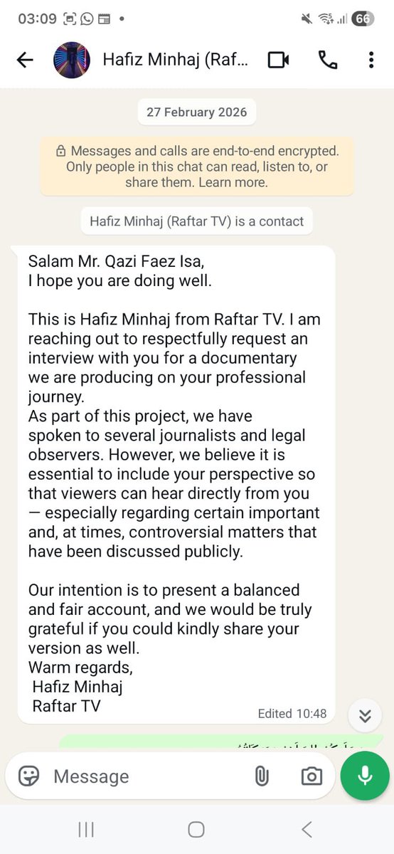 omar_quraishi's tweet photo. Raftaar preparing a hit job it seems on former Chief Justice of Pakistan Qazi Faez Isa - glad to see that Justice Isa politely declined and advised them to read his various judgments 

(Whatsapp screenshots via Abdul Qayyum Siddiqui) https://t.co/OSsbG1Lv2E