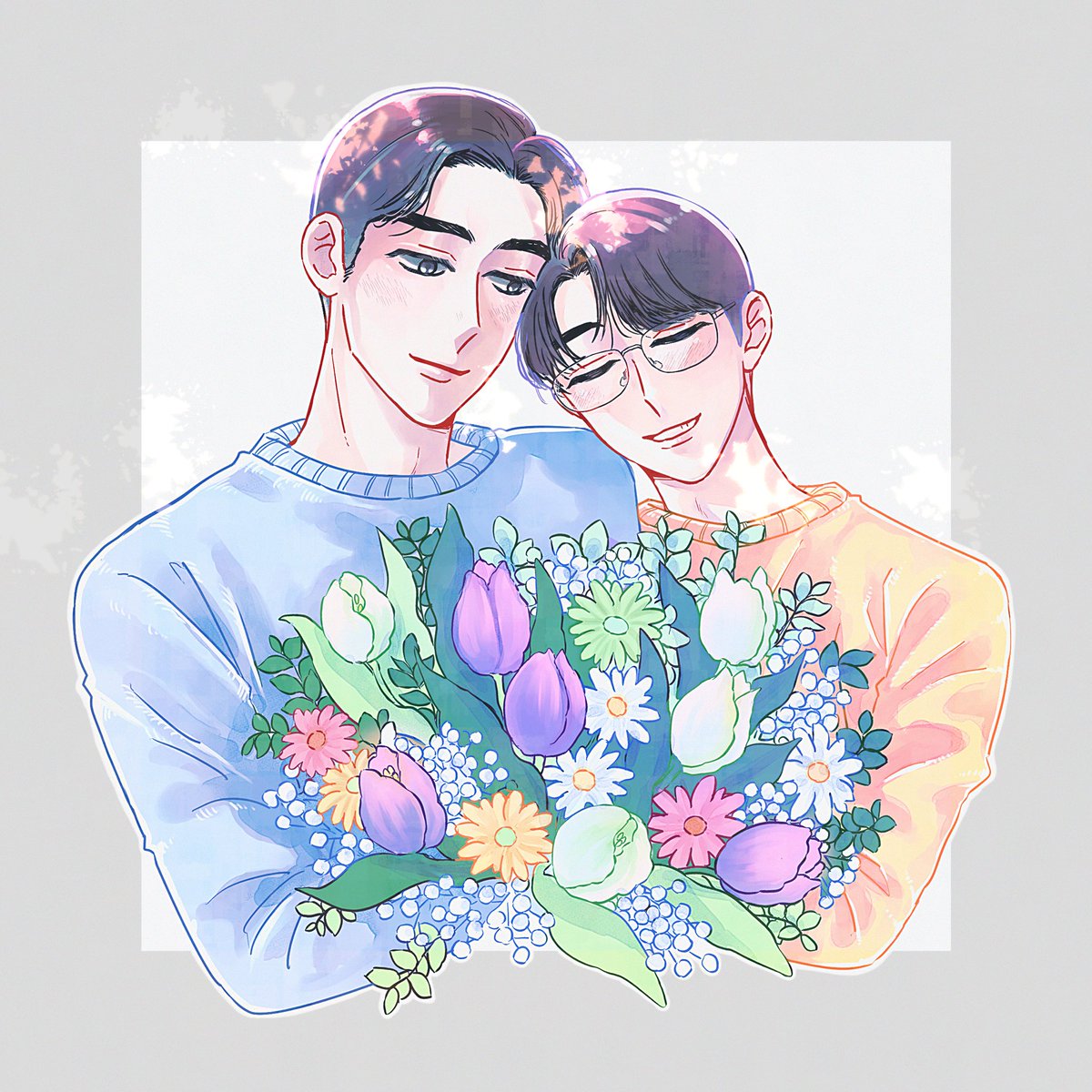 線画交換🌷🌷🌷　
線画➤🍤　塗り➤温泉ぷりんさん( <a href="/je0901777/">温泉ぷりん</a> )
見て下さーーーーい😭😭😭♥️♥️♥️
「花束」という素敵なテーマで交換させていただいたのですがこんなに素敵で爽やかな色合いで塗って頂き⁉感無量です😭🙏♥️✨
木漏れ日と花束のコントラストが良すぎる…毎日拝見してます🥰🥰🥰