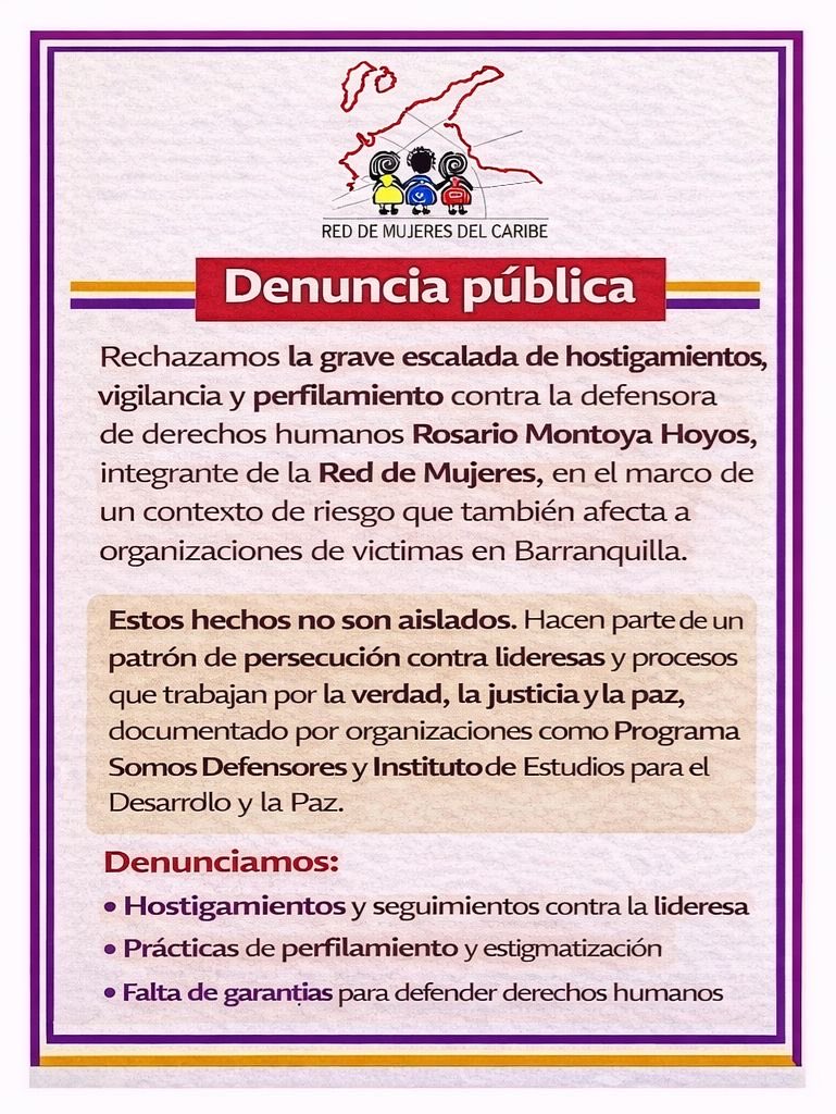 RMCaribe's tweet photo. 🚨 #DenunciaPública

Rechazamos la grave escalada de hostigamientos, vigilancia y perfilamiento contra la defensora de DDHH Rosario Montoya Hoyos, integrante de la Red de Mujeres del Caribe.

Exigimos garantías para su vida y labor.
Defender derechos humanos no es un delito. https://t.co/wCojsWM7VM