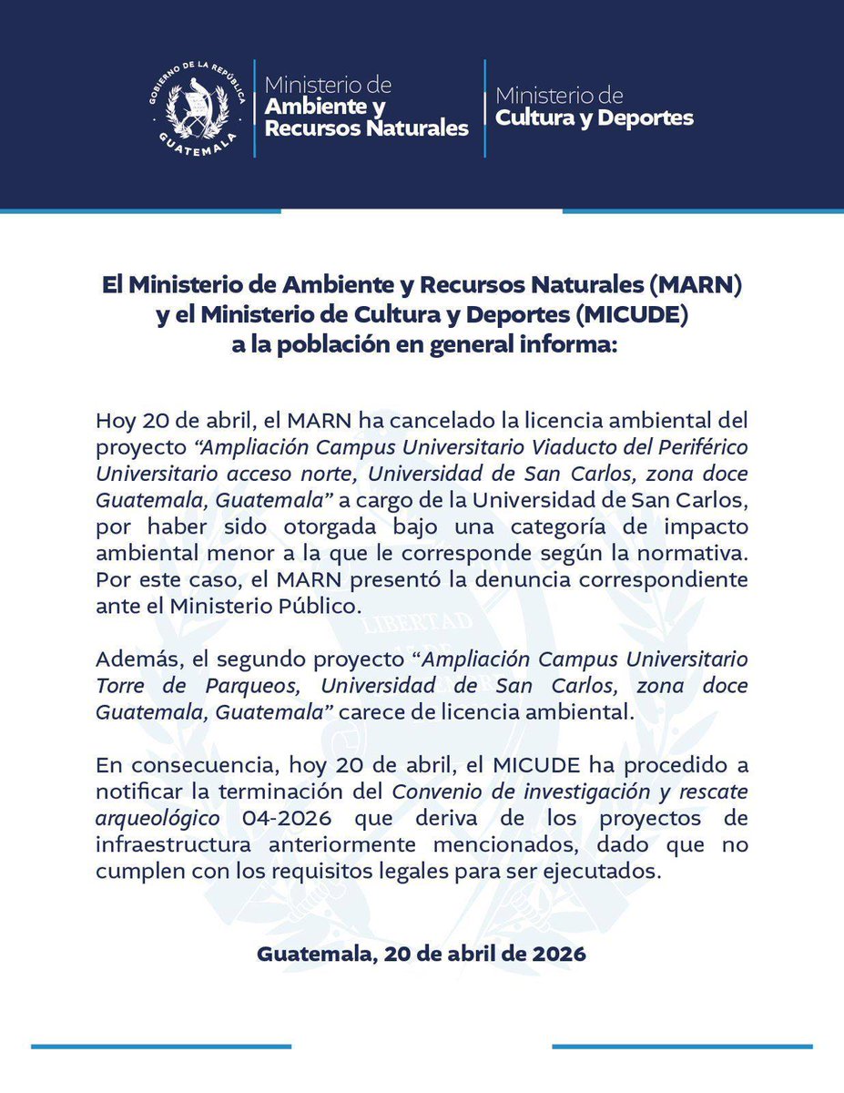 #USAC Sin excusa para la virtualidad

👉🏽El Ministerio de Ambiente y Recursos Naturales canceló la licencia de ampliación del campus de la Universidad de San Carlos de Guatemala y el proyecto de la torre de parqueos carecía de licencia. 

👉🏽El Ministerio de Cultura y Deportes