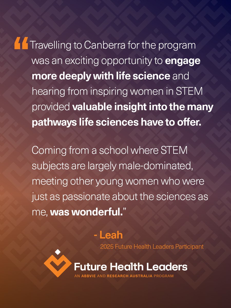 ResAustralia's tweet image. 📢 Applications are open for Research Australia &amp;amp; AbbVie’s 2026 Future Health Leaders Program!

📝 Apply now: …ealthleaders.scholarshipsplatform.com
Closes 31 May 2026

#FutureHealthLeaders #WomenInSTEM #DiversityInResearch