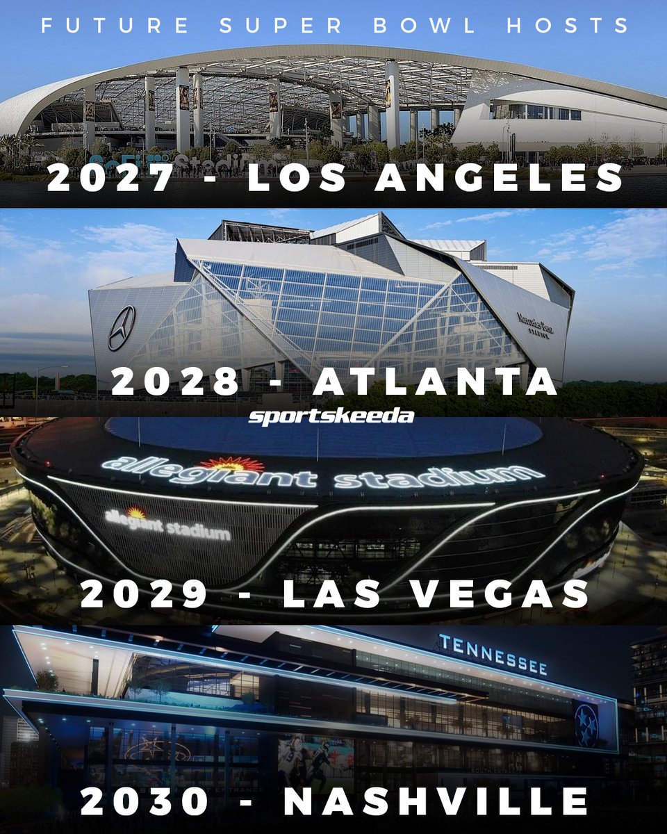 SKProFootball's tweet image. Los Angeles. Atlanta. Las Vegas. And Nashville.
That is a pretty loaded run of Super Bowl host cities.

#NFL #NFLDraft #SuperBowl