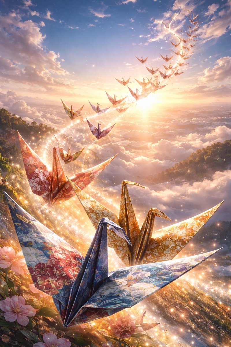 wankodaisuki38's tweet image. 無数の折り鶴が光を纏い、未来へと連なっていく
「希望」「再出発」「飛翔」をテーマに作成しました

#Origami Crane #Japanese Style #Fantastic Art