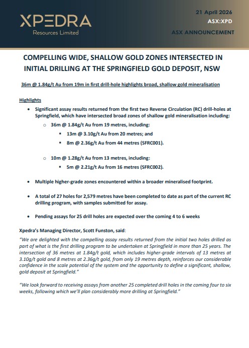 XpedraR's tweet image. Compelling wide, shallow #gold zones have been intersected in initial drilling at the Springfield Gold Deposit in NSW. The first drill hole returned an intercept of 36m at 1.84g/t Au, including multiple higher-grade zones.

wcsecure.weblink.com.au/pdf/XPD/030806…

$XPD #exploration