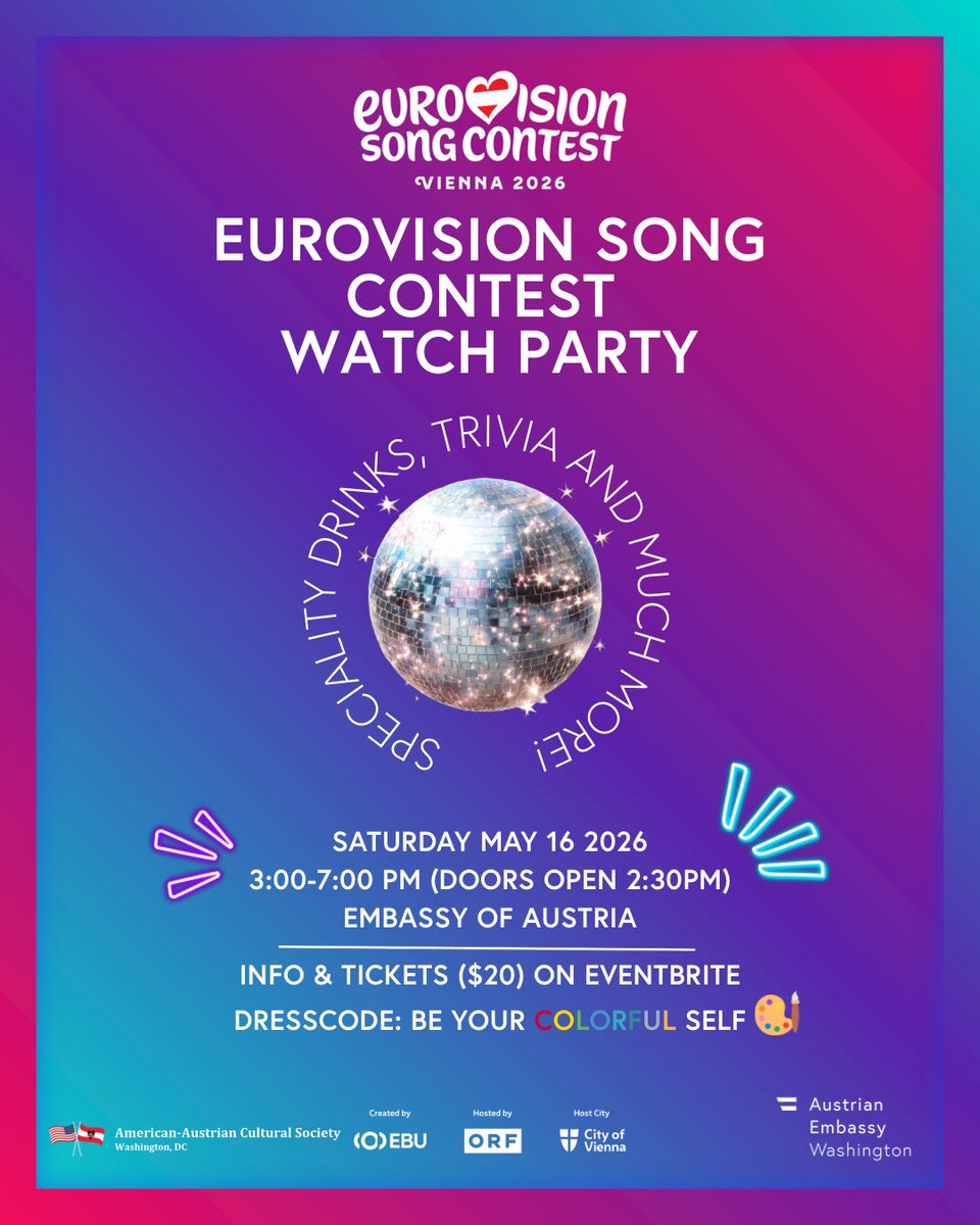 AustriainUSA's tweet photo. Eurovision is back in May! 🎤✨

After Austria’s win with “Wasted Love,” Vienna is set to host an unforgettable show.

Join the Embassy of Austria &amp; American-Austrian Cultural Society for a Watch Party on May 16 with music &amp; fun! 🇦🇹🇺🇸

🎟️ Tickets: https://t.co/9NUikSlliv https://t.co/xzMtRuROar