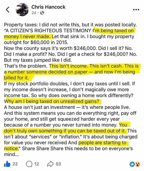Property taxes are unconstitutional, based on them being a tax on unrealized gain.