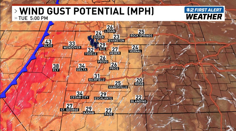 ChaseThomason's tweet image. Strong winds are expected across Utah on Tuesday and Wednesday. A cold front will move through the state Wednesday morning, bringing a sharp temperature drop of 20-25 degrees. #utwx