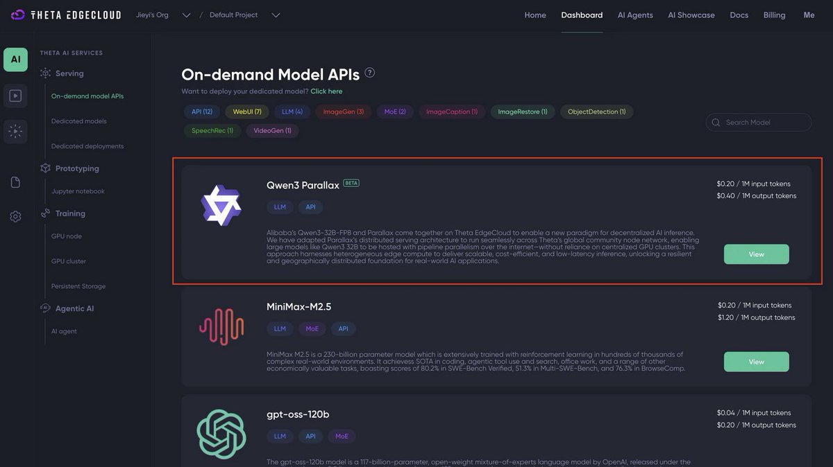 ThetaUniv's tweet image. Wow, #Qwen3-32B by @alibaba_cloud #Alibaba now LIVE on @Theta_Network #EdgeCloud as a decentralized inference API. 🔥🔥🔥👊👊👊👊

32B params served across community #GPU nodes globally via pipeline parallelism. Consumer hardware earning $TFUEL per inference. The decentralized AI