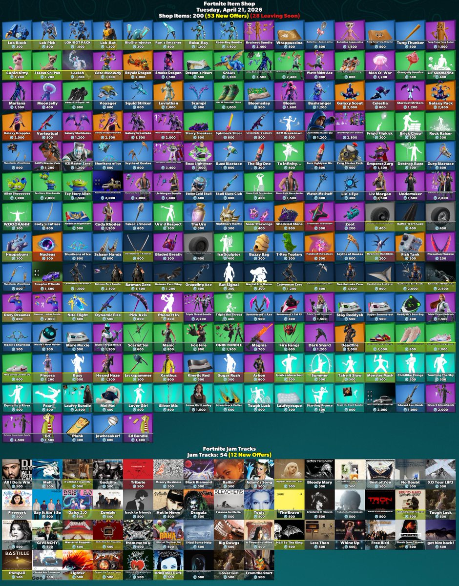 FireMonkey's tweet image. 🛒 #Fortnite Item Shop
⏰ Tuesday, April 21, 2026
Shop Items: 200 (53 New Offers) (28 Leaving Soon)

🏷️ Check The Web Store! (SAC Code Auto-Applied)
fortnite.com/item-shop?crea… #EpicPartner

💙 Consider Using These SACs:
· FireMonkey #AD
· W1q