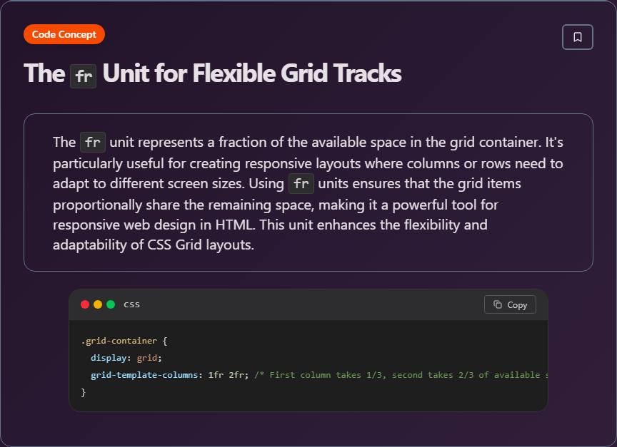 techielearnapp's tweet image. ✨ The `fr` Unit for Flexible Grid Tracks (Html And Css)

#HTML #CSS #WebDesign #Frontend #100DaysOfCode #DevLife