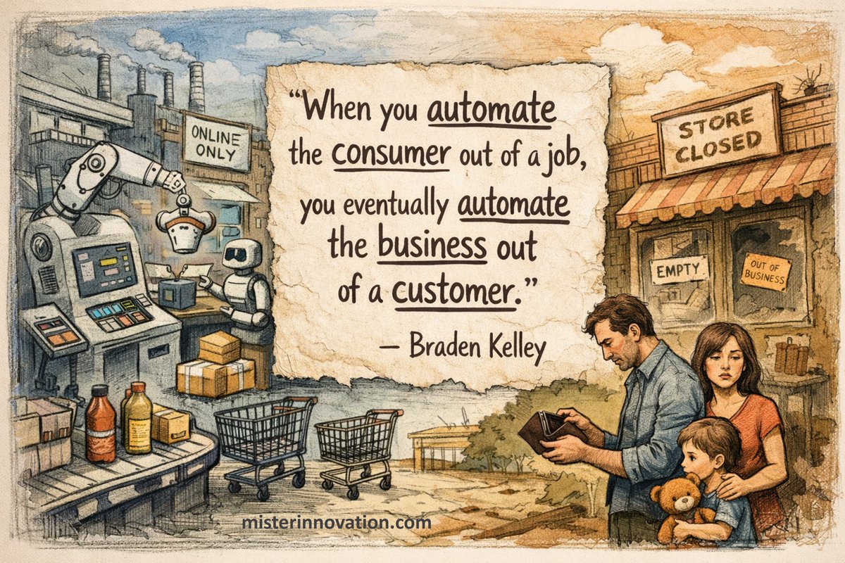 innovate's tweet image. “When you automate the consumer out of a job, you eventually automate the business out of a customer.” -- Braden Kelley -- #AI #technology -- 1,200+ FREE #quotes for your meetings &amp;amp; presentations at misterinnovation.com