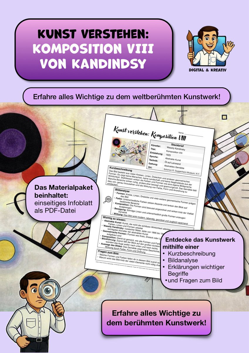 FelzmannThomas's tweet image. „Komposition VIII“ von Kandinsky einfach erklärt für den Kunstunterricht

Mit diesem Infoblatt verstehen Schüler*innen, was das Bauwerk ausmacht
klar, einfach und direkt im Unterricht einsetzbar

Perfekt für Klasse 5 bis 8

#xlz #twlz 

shop.thomasfelzmann.at/products/kunst…