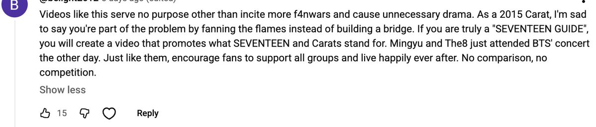 CARATS PLEASE READ⚠️
Hi, I’m the creator of SEVENTEEN GUIDE and I want to talk about something that’s been on my mind for a while, especially after seeing this tweet.
Recently, I uploaded a video explaining a fanwar between Carats and ARMYs from a few weeks ago +