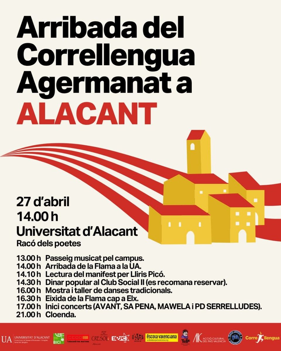 Us pensàveu que el <a href="/Correllengua_/">Correllengua Agermanat</a> no passaria per l'Alacantí?

🏃🚴Estem organitzant el Correllengua Agermanat a l'Alacantí i ens encantaria comptar amb vosaltres com a corredors/es i ciclistes.

La flama farà parada a la Universitat d'Alacant el dia 27 d'abril ⬇️⬇️