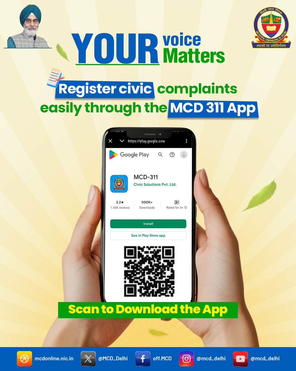 MCD_Delhi's tweet image. In just a few taps, report civic issues on the MCD 311 App.

Quick, easy, and efficient solutions at your fingertips!

Download the App Now: linkmix.co/24048067

@LokNiwasDelhi @gupta_rekha @CMODelhi @RajaiqbalSingh3 

#Mcd #Mcdcares #MCD311 #CleanDelhi #GreenDelhi