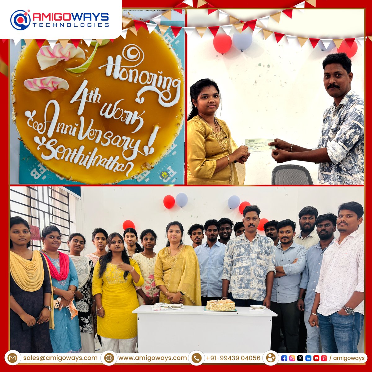 amigoways's tweet image. 🎉 Celebration Moments at @amigoways🎉

Celebrating Senthilnathan – Digital Marketing Executive on completing 4 successful years with us 🎂✨

#TeamCelebration #Amigoways #WorkAnniversary #OfficeVibes #TeamBonding #HappyMoments #SuccessTogether #WorkAnniversary 🎉🎉