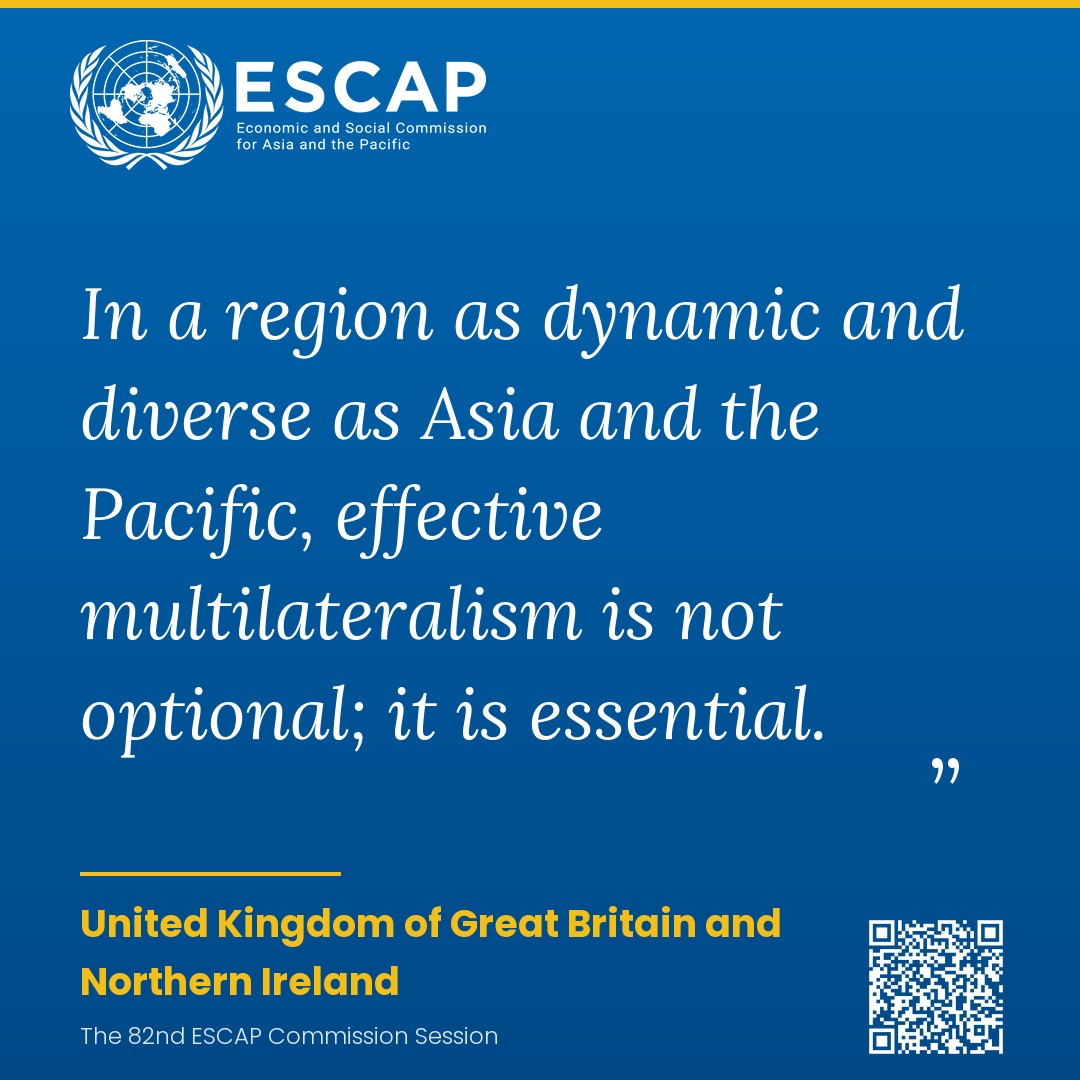 ukinthailand's tweet image. At this week's @UNESCAP Commission in Bangkok, we are engaging with partners across the region to #leavenoonebehind and advance a society for all ages.

Scan the QR to see our statement. #CS82 #SDGs