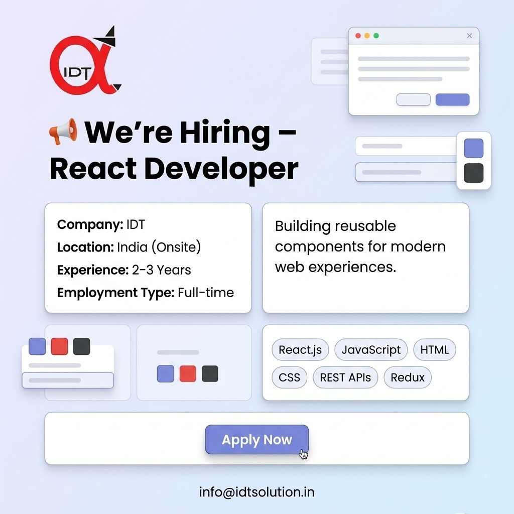 DhasIdt97753's tweet image. 🚀 We’re Hiring : React Developer

🏢 Company : IDT Solutions

📍 Location : India (Onsite)

⏰ Employment Type : Full-time

💻 Skills Required:
React.js, JavaScript, HTML, CSS, REST APIs, Redux

👨‍💼 Experience: 2–3 Years

📩 Apply Now: info@idtsolution.in
#ReactDeveloper
