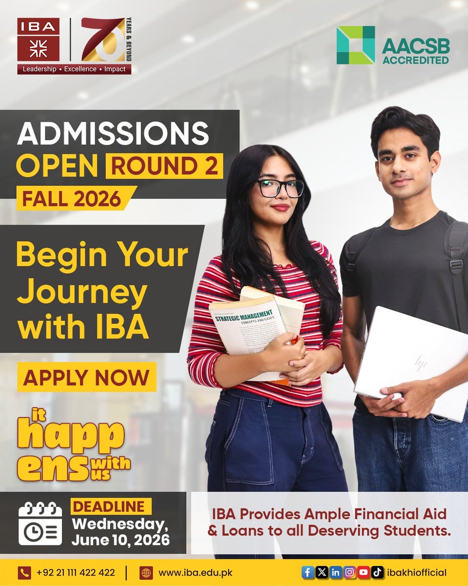 ibakhiofficial's tweet image. Step into a future driven by ambition and purpose.

Admissions Round 2 for Fall 2026 is now open at IBA. Experience learning driven by real-world strategy, critical thinking, and leadership.

📌 Apply now: onlineadmission.iba.edu.pk/admissions/reg…
📧 For queries: admission@iba.edu.pk

#IBAKarachi
