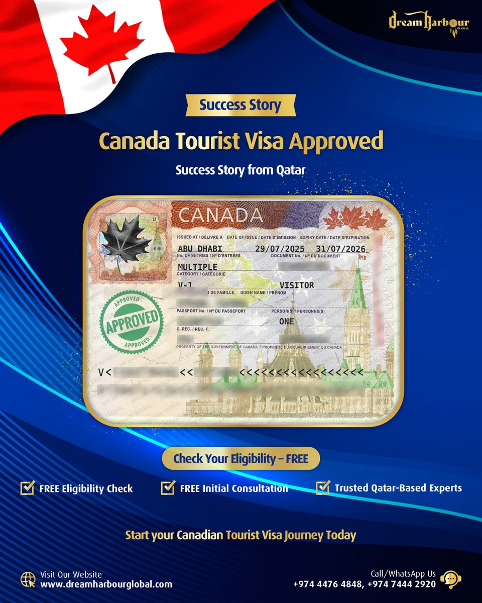 DreamHarbourG's tweet image. 🏆Success Story: Canada Tourist Visa Approved! ✅
🎉#Congratulations to our #VisitorVisa client on receiving #Canada #TouristVisa #approval in #Qatar! 🌍✈️

📝 Apply Now for Free Eligibility Check+Consultation: zurl.co/axx4