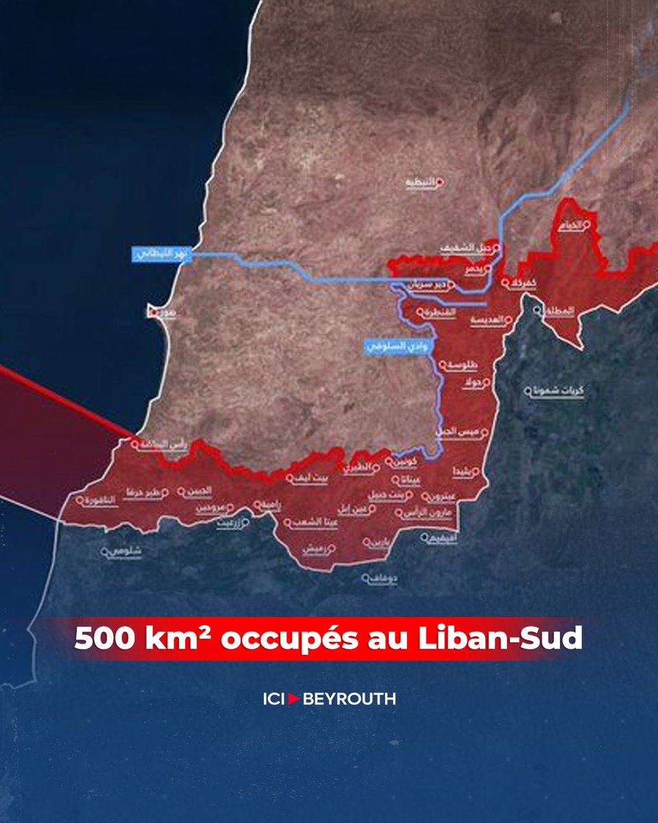 Icibeyrouthnews's tweet image. Le bilan de la #guerre de 2026 est lourd pour le #Liban. Près de 500 km² sont désormais sous contrôle israélien, soit environ 4,8 % du #territoire national.

On compte aussi 55 #villages affectés, contre seulement 5 points en 2024, ainsi qu’une bande continue reliant le mont