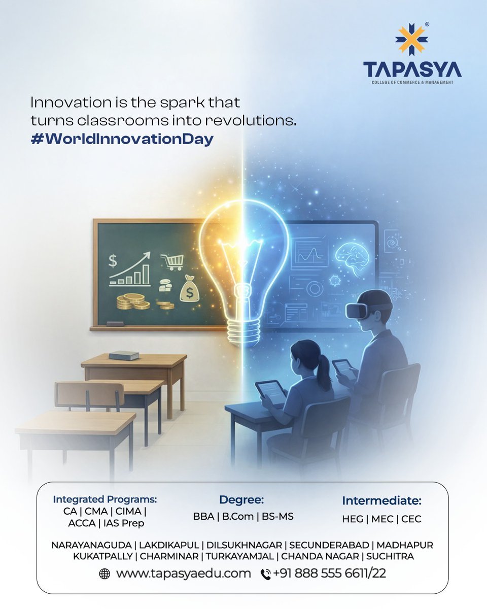 Tapasyaedu's tweet image. At Tapasya, every idea sparks innovation. 

This World Innovation Day, we celebrate courage, creativity, and leadership shaping tomorrow.

#TapasyaCollege #WorldInnovationDay #InnovationMindset #FutureLeaders #CreativeThinking