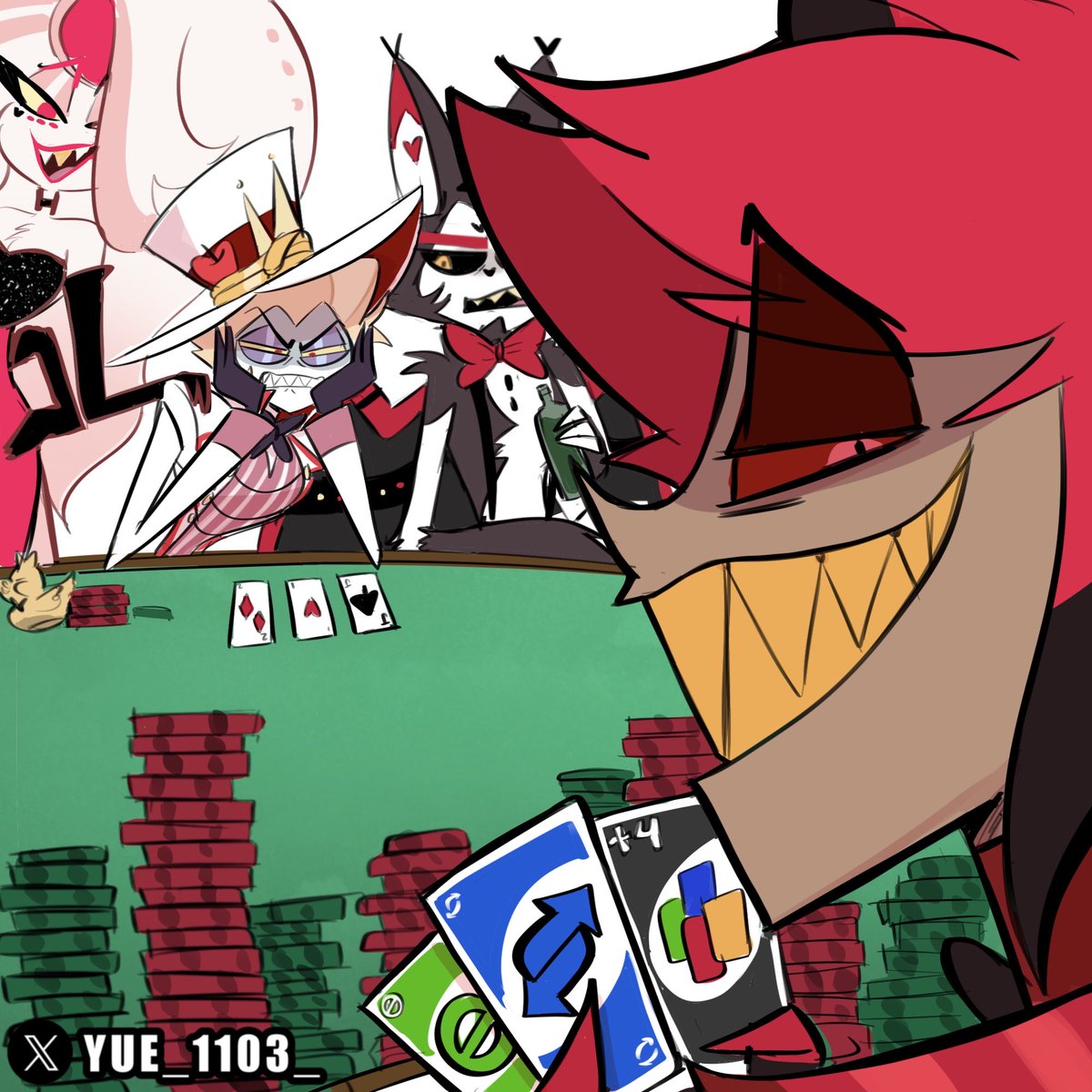 Lucifer wondering how he keeps losing
Meanwhile Alastor:
🃏 ♥️ ♦️ ♣️ 

#alastor #lucifer #hazbinhotel #huskerdust #radioapple