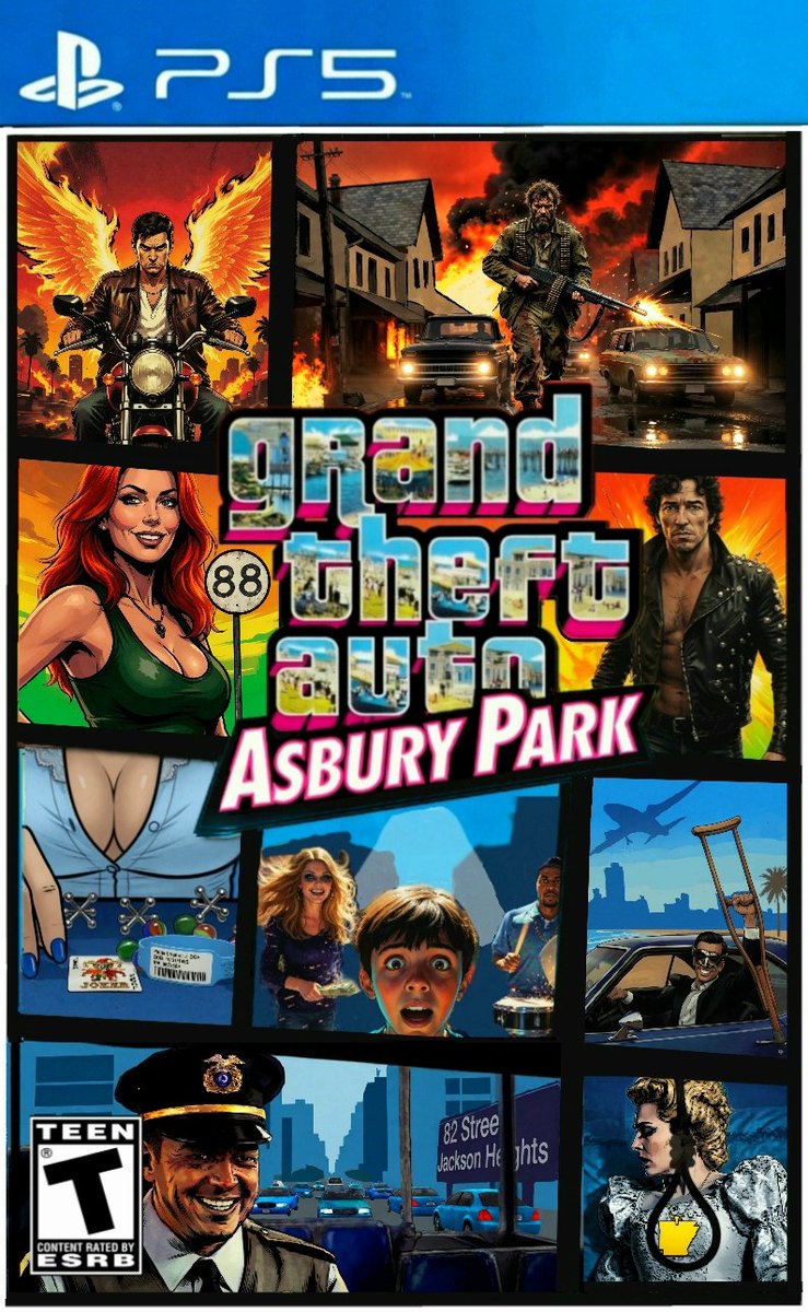 GTA Asbury Park:

A ragamuffin gunner arrives amid chaos, looking for a bus to 82nd street. The Angel and the Saint approach with blinding light, recruiting him to their ranks. Help them restore order to town from the grips of the sickly Queen, Crazy Janey &amp; the Night Brigade.
