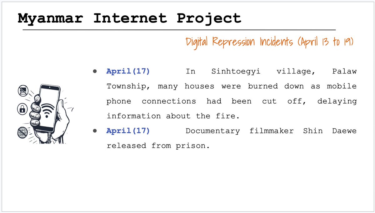 Myanmar_IP's tweet photo. Digital Repression Incidents in Myanmar (April 13 to 19) 

#FOE 
#InternetShutDown 
#Surveillance 
#Digital_Repression 
#WhatsHappeningInMyanmar 
#KeepItOn 
Full Report >>> https://t.co/vB4UrwWjbk https://t.co/qM9nE0hcC0