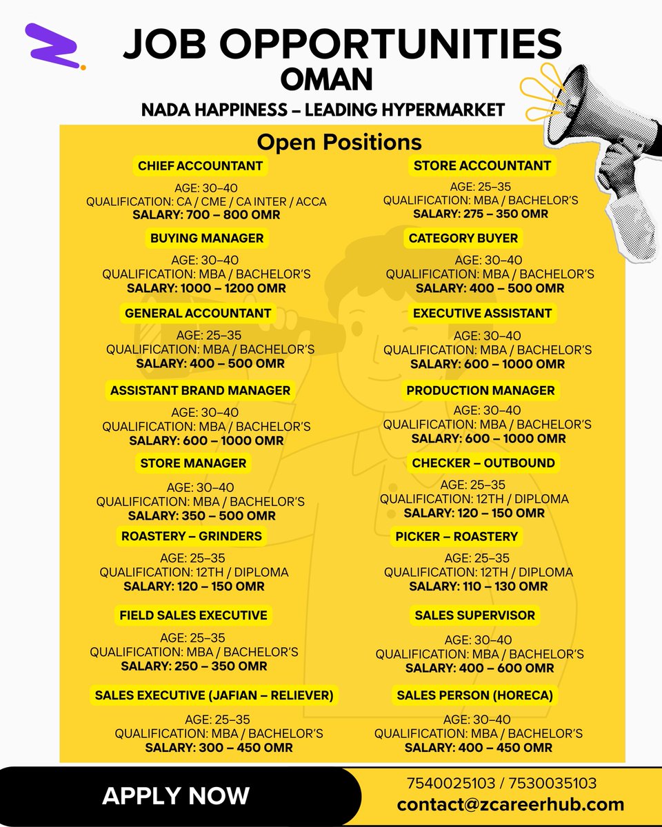z_careerhub's tweet image. 🇴🇲 Oman Jobs Hiring

Multiple roles in Hypermarket
Salary up to 1200 OMR
📞 7540025103
📩 contact@zcareerhub.com

#OmanJobs #Hiring #GulfJobs