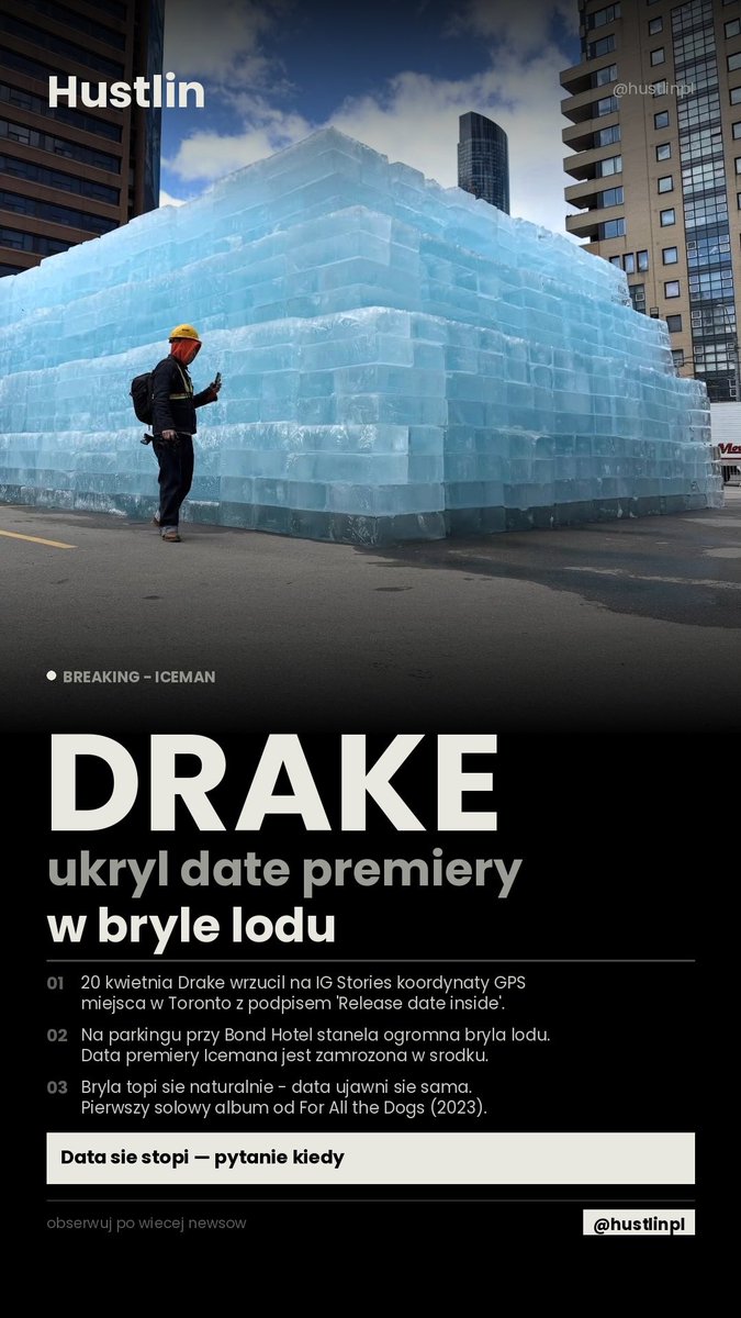 HustlinPL's tweet photo. Drake ukrył datę premiery Icemana w gigantycznej bryle lodu w centrum Toronto 🧊 U podstawy bryły leży kartka z datą — fani już próbują się do niej dostać miotaczami ognia i młotami. Pierwszy solowy album od For All the Dogs i pierwsza solowa odpowiedź po beefie z Kendrickiem. https://t.co/HJBhXR1XfX