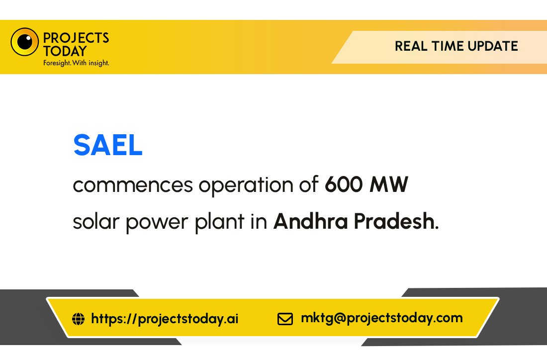 projects_today's tweet image. Real Time Update

SAEL commences operation of 600 MW solar power plant in Andhra Pradesh.

For more details:
Email us at: mktg@projectstoday.com
Contact us on +91 7304553123

#SAEL #SolarPower #RenewableEnergy #AndhraPradesh #Sustainability #CleanEnergy #GreenTechnology