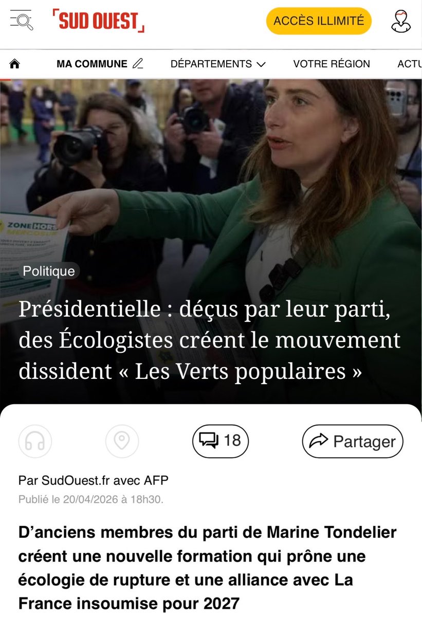 bembelly's tweet image. #INFO: Déçus par la nullité abyssale de @MarineTondelier, des #Écologistes créent le mouvement dissident «#Les_Verts_Populaires» je répète, Habemus ‼️
sudouest.fr/politique/pres…