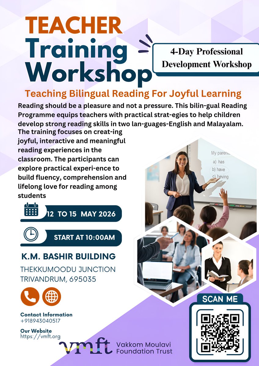 vakkommoulavi's tweet image. Join our 4-day Teacher Training Workshop (12–15 May) on bilingual reading for joyful learning.

Practical tools to build fluency, comprehension, and a love for reading. 

Register: docs.google.com/forms/d/e/1FAI…

#TeacherTraining #BilingualEducation #VMFT