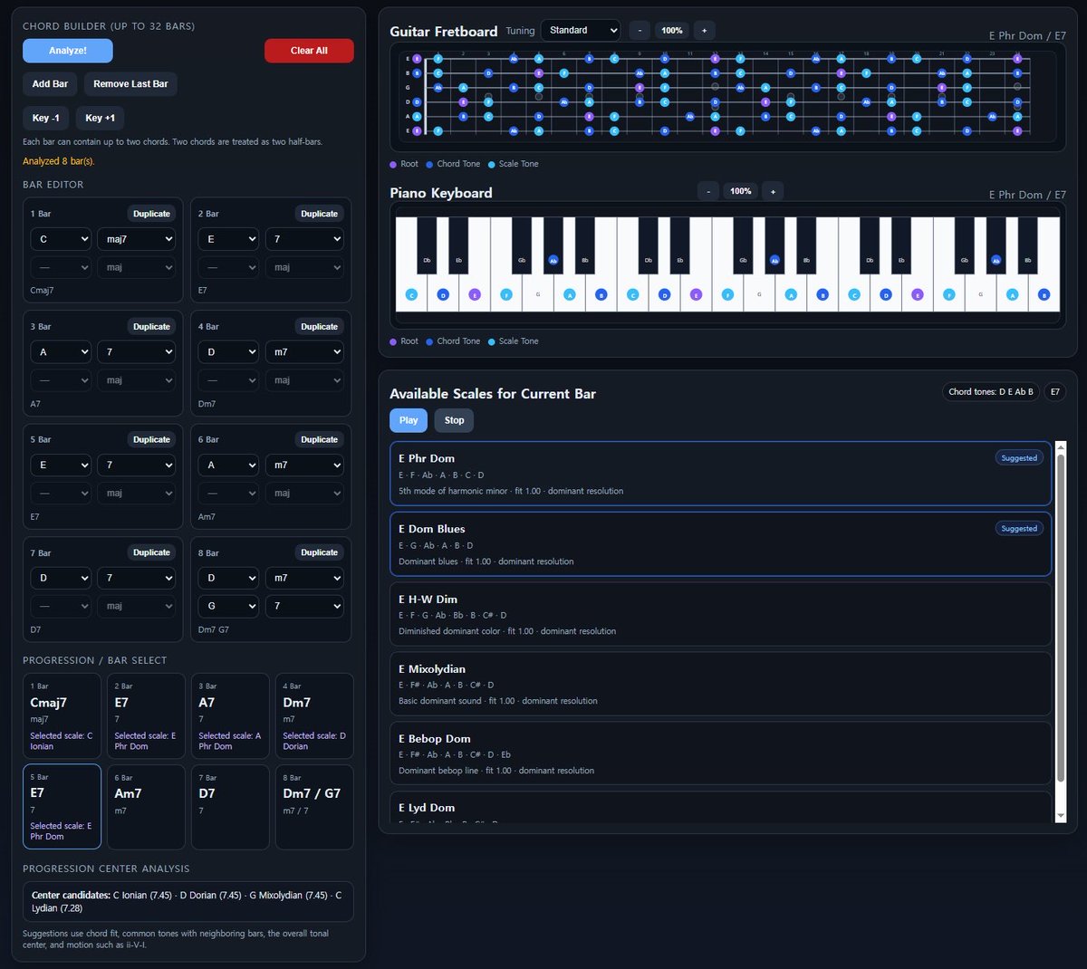rocksaur's tweet image. 작곡가 / 연주자 분들이 쓰기 좋은 웹앱을 하나 만들었어요.

코드 진행 입력하면 마디마다 사용 가능한 스케일들을 귀로 들어보고 고를 수 있습니다. 선택한 스케일은 튜닝 변경 가능한 기타 지판과 건반에 표시되고, 키 변경도 가능하죠.

rocksaur.github.io/Solo-Scale-Fin…

#guitar #piano #jazz #compose
