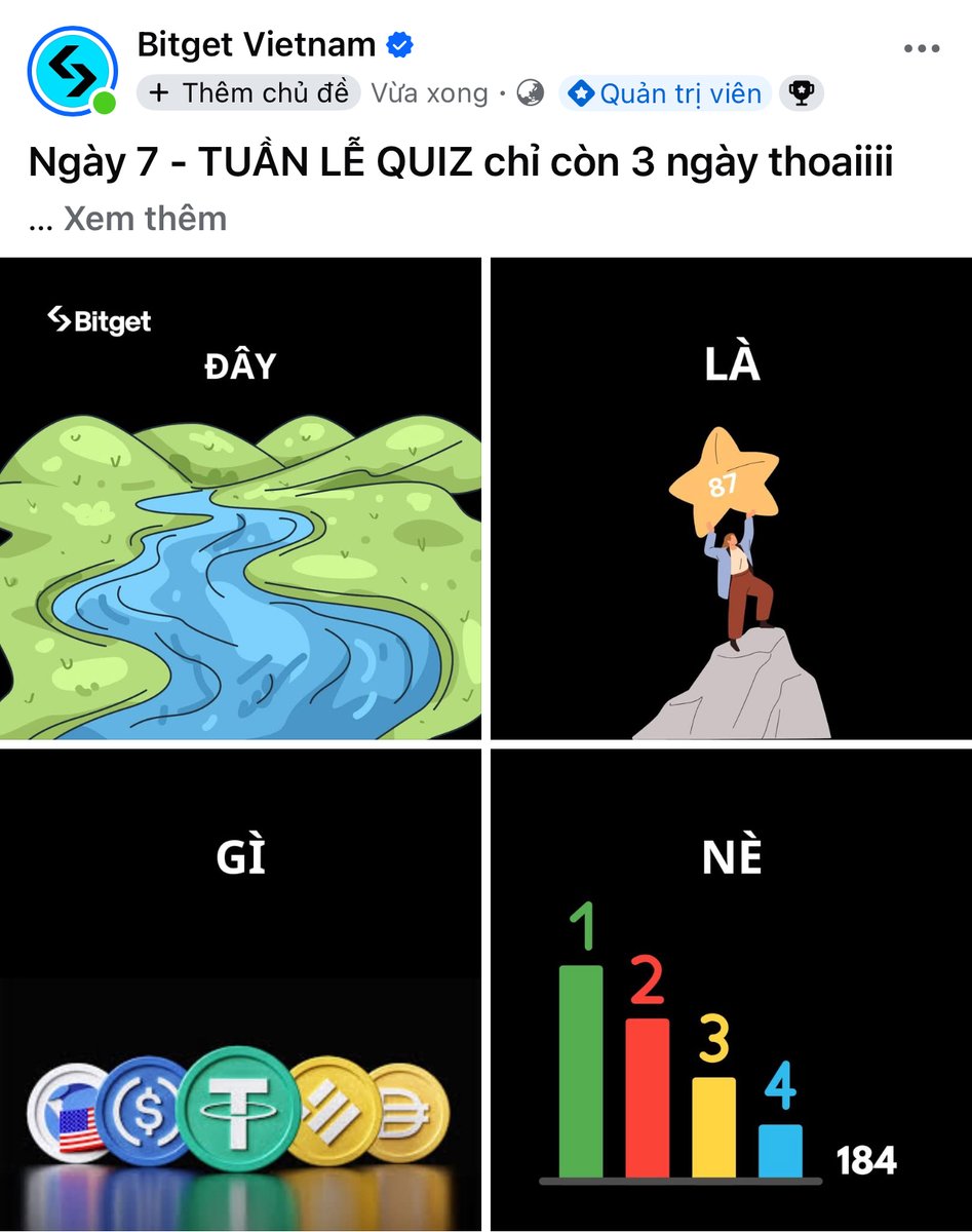 bitgetvietnam's tweet image. ⭐️⭐️⭐️ QUIZ WEEK - WIN 200U

#Day7: facebook.com/share/p/1c3tzn…

✏️ Comment under each post:
Answer + UID + tag 3 friends

💰 175u will be given to players who:
- Answer correctly within 24 hours of the Quiz being posted
- Check-in the most days

💰 5 lucky people who share the post