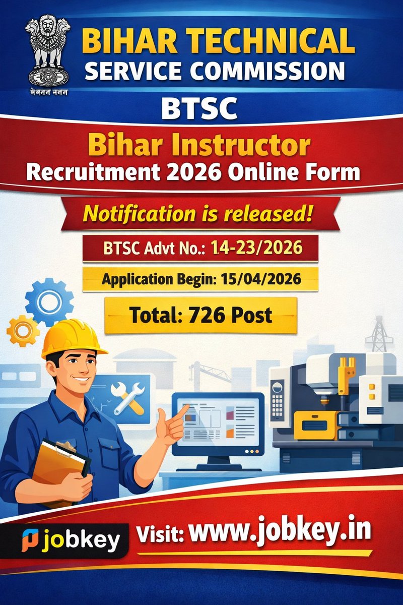 Jobkeyofficial's tweet image. jobkey- Bihar BTSC Instructor Recruitment 2026 Online Form.

#jobkey #ExamPass  #ExamSuccess #btsc #biharjobs #jobs #recruitment #vacancy
