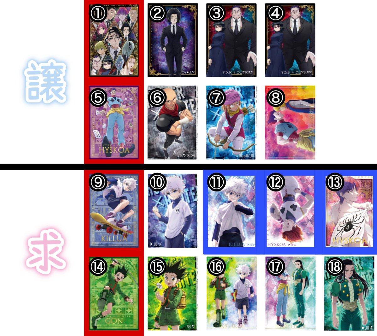 yuu_2322's tweet photo. ハンターハンター HUNTER × HUNTER hxh イタジャガ

【譲】画像

【求】キルア、SP優先

❤️SP同士 💙異種含む
当方N複数⇔SP可

⦿分かりやすく番号を振りました

⦿まとめての方優先の為、返信にお時間を頂く場合がございます

郵送での交換になります。
検索からでもお気軽にお声掛け下さい🙇🏻‍♀️❕ https://t.co/GzYkRWuT2b