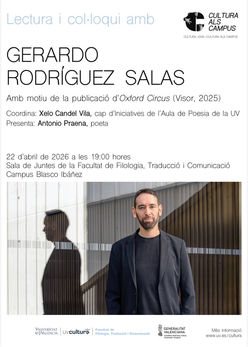 GerardoUGR's tweet photo. VALENCIA.
Aula de Poesía @UV_EG 
Mañana miércoles 22 abril, 19h
Sala de Juntes. Facultat Filologia, Traducció i Comunicació https://t.co/DcPfvmYdrP