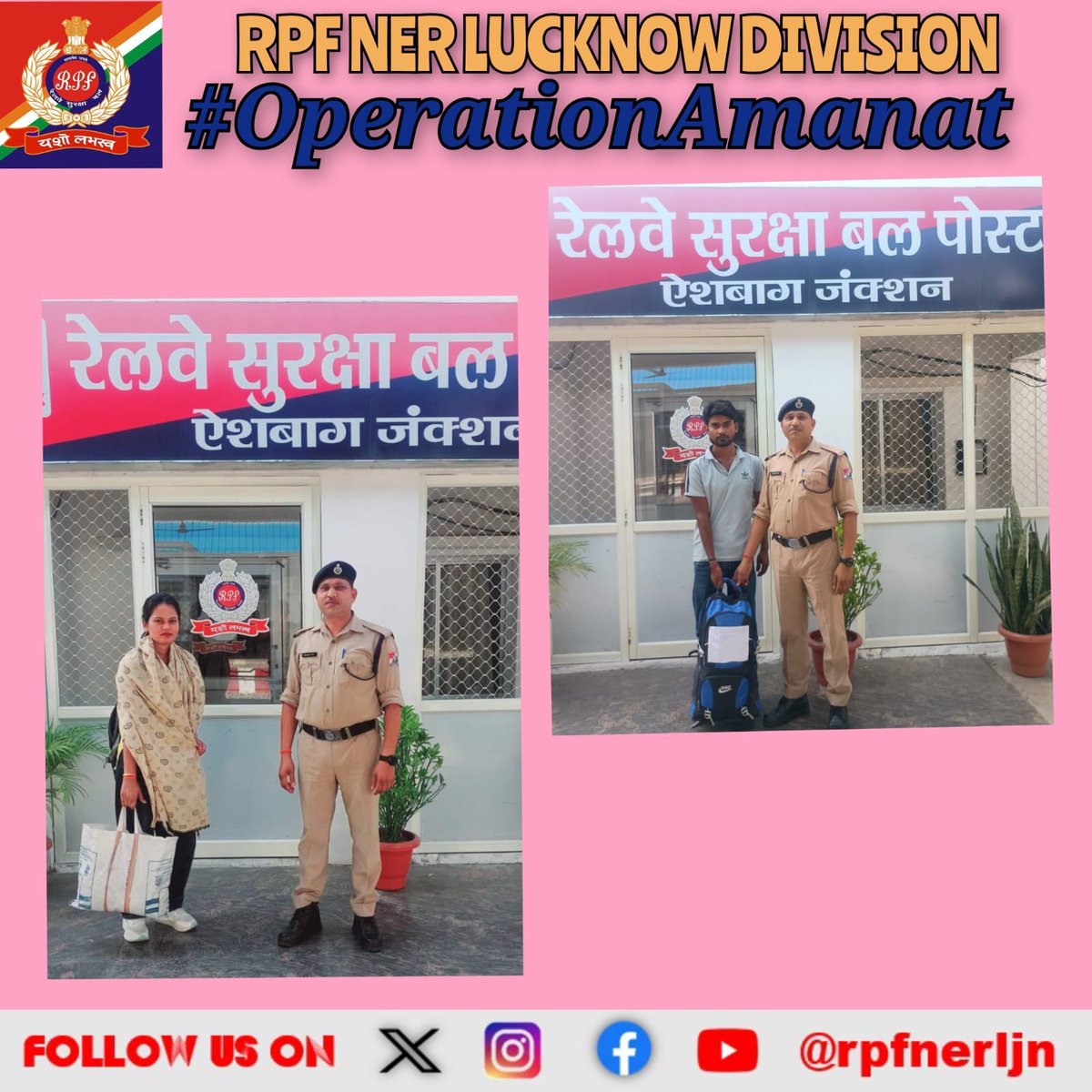 rpfnerljn's tweet image. #OperationAmanat 
On 20.04.2026, acting on Rail Madad alerts, RPF Post Aishbagh ensured safe recovery &amp;amp; return of lost belongings from trains. Items were handed over to rightful passengers after proper verification.
@RPF_INDIA  @rpfner @drmljn  #RPF #PassengerSafety #SafeRailways