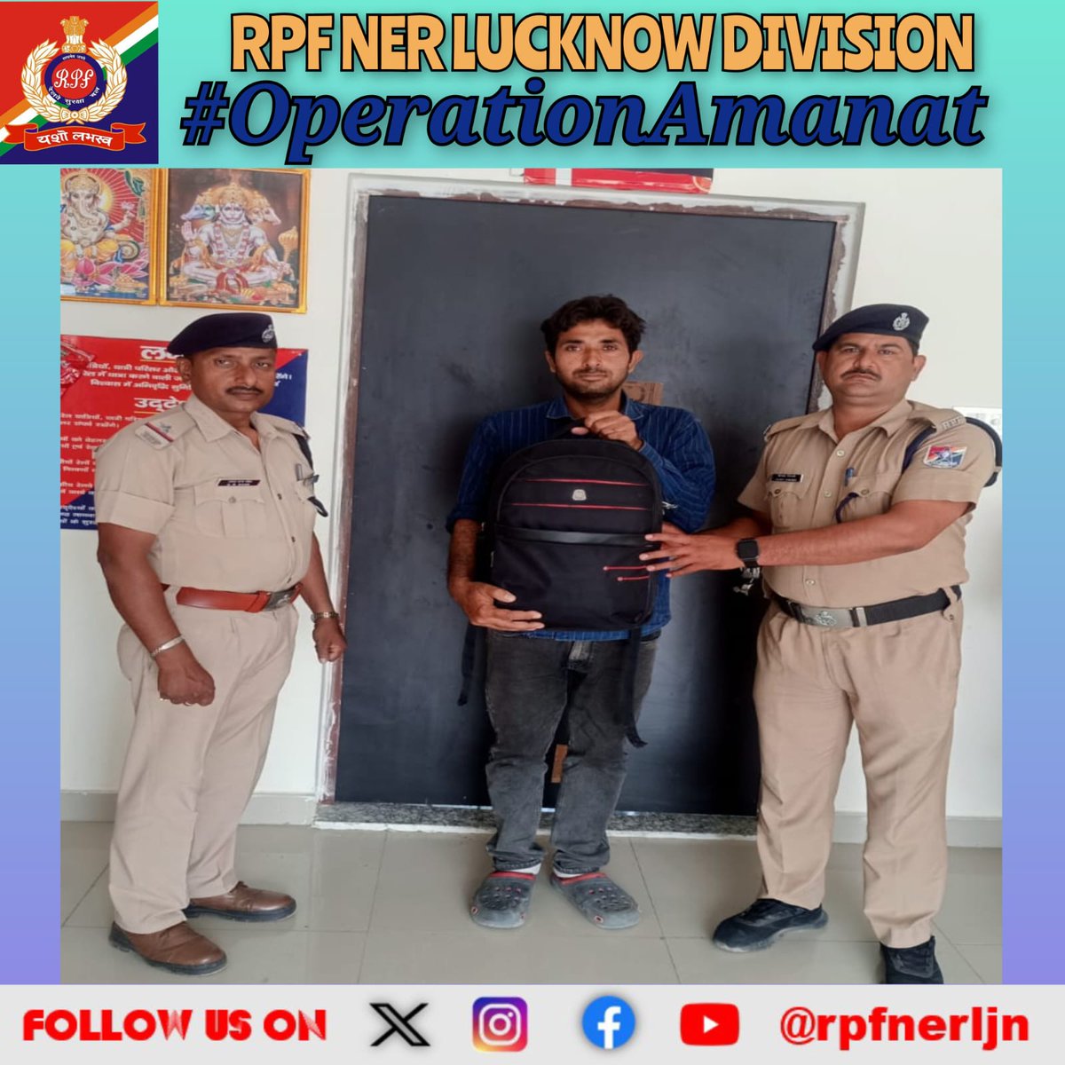 rpfnerljn's tweet image. #OperationAmanat #RailMadad
On 20.04.2026, acting on a Rail Madad alert, RPF Outpost Anand Nagar Staff recovered a lost bag from Train No. 15105 and safely handed it over to the rightful owner after proper verification.
@RPF_INDIA  @rpfner  @drmljn  #PassengerSafety #SafeRailways