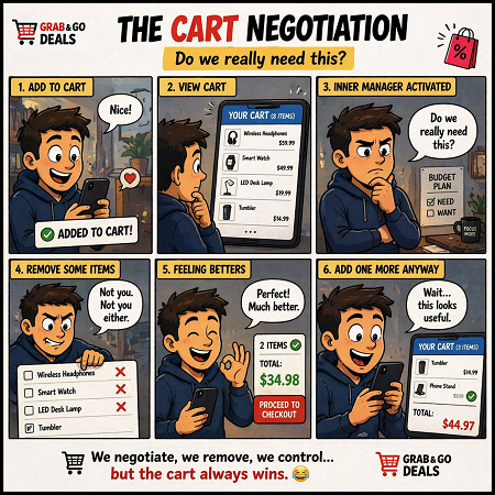 GrabandGoDeal_s's tweet image. Me removing items from my cart like I’m in a serious budget meeting…

“Do we really need this?”
“Let’s be realistic.”
“Cut it.”
5 minutes later:
 adds something else
Be honest… does your cart listen to you? 😭
#OnlineShopping #CartProblems #DealHunters #RelatableContent