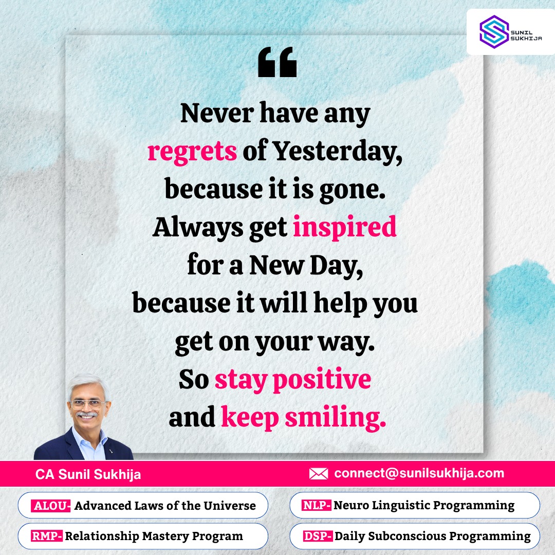 ssukhijaloa's tweet image. Yesterday is gone, so stop holding regrets.
Focus on today, stay positive, and keep moving forward with a smile 😊✨
.
.
.
.
.
.
.
.
#staypositive #noregrets #newdaynewstart #motivationdaily #sunilsukhija
