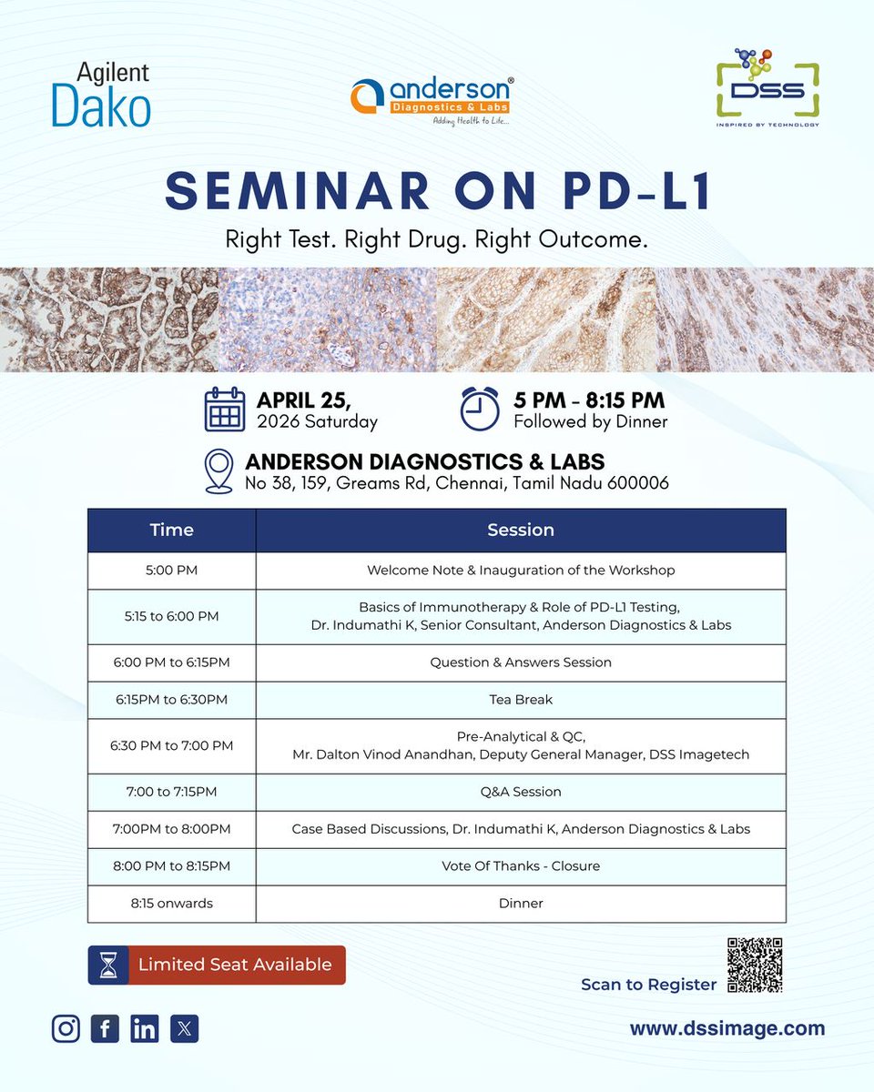DSSImagetech's tweet image. Seminar on Agilent Dako's PD-L1
Join us at Anderson Diagnostics and Labs, Chennai for an insightful session on the evolving role of PD-L1 testing in immunotherapy and precision oncology.

Registration Link: docs.google.com/forms/d/e/1FAI…

#PDL1 #CompanionDiagnostics #Immunotherapy