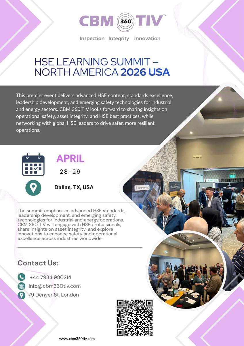 360Cbm58372's tweet image. CBM 360 TIV joins the HSE Learning Summit –
Dallas, TX, USA 
28–29 April 2026
📞 +44 7934 980214

Focused on HSE standards, leadership, &amp;amp; emerging safety tech for industrial &amp;amp; energy sectors.

linkedin.com/company/cbm-36…

#HSE #HealthSafetyEnvironment #SafetyLeadership