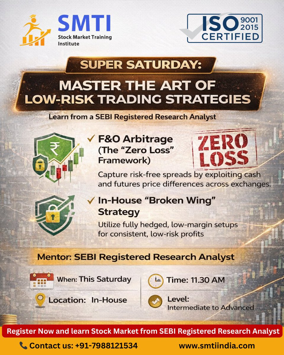 Smti_in's tweet image. Most traders focus on profits…
Smart traders focus on risk first.
This Super Saturday, learn how professionals trade with controlled risk &amp;amp; consistent setups.

#SMTI #SuperSaturday #LowRiskTrading #FnO #OptionsTrading #TradingStrategies #StockMarketIndia #Zirakpur #Trading